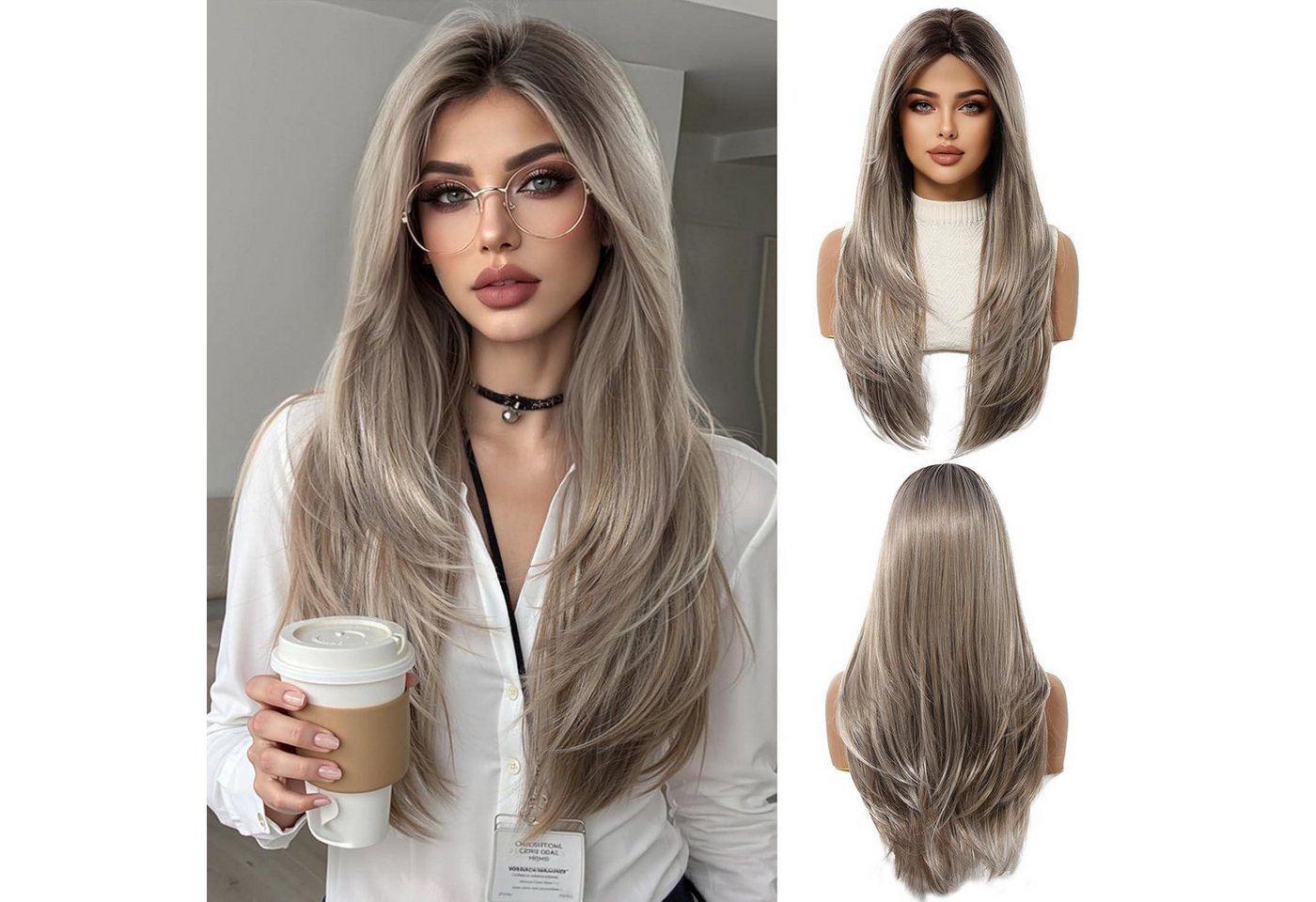 LuxusKollektion Kunsthaarperücke Perücken Blonde Pony synthetische hitzebeständig Esche Blonde(8297-4) von LuxusKollektion