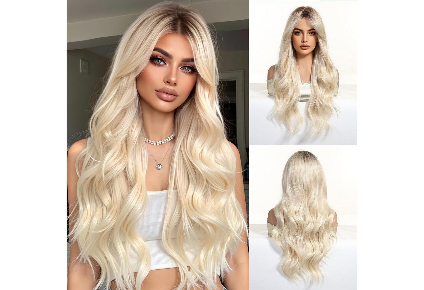 LuxusKollektion Kunsthaarperücke Perücken blond lockig Pony dunkle Wurzeln Synthetik Blonde(8347-1) von LuxusKollektion