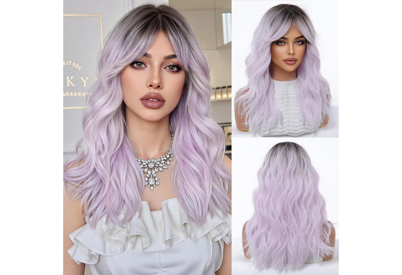 LuxusKollektion Kunsthaarperücke Perücken lange gewellt Pony synthetisch Ombre hellviolett (1317-1) von LuxusKollektion