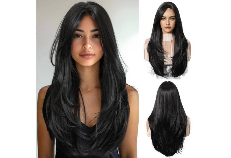 LuxusKollektion Kunsthaarperücke Schwarze Lange Perücke mit Pony Synthetisches Haar Hitzebeständig von LuxusKollektion