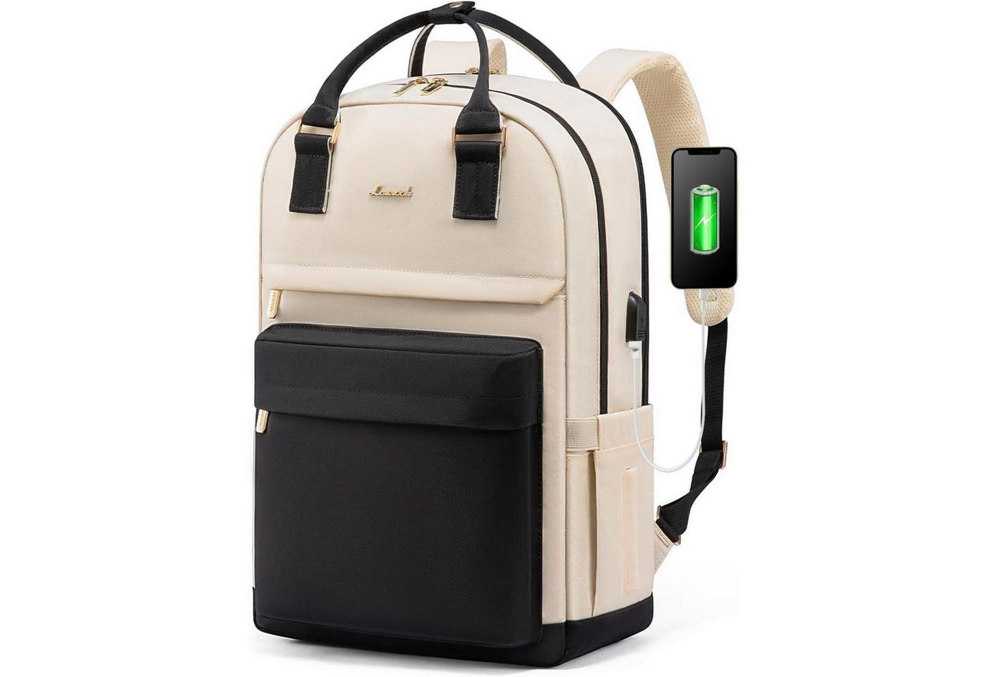 LuxusKollektion Laptoprucksack 17 Zoll Laptop Rucksack Wasserdicht USB Anschluss Schwarz Beige von LuxusKollektion