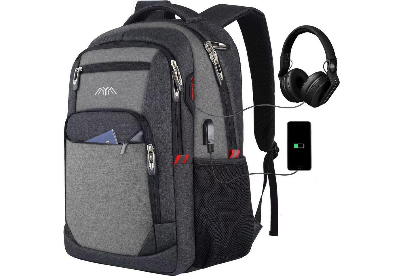 LuxusKollektion Laptoprucksack Rucksack Laptop Schulrucksack Herren USB Schwarzgrau230 15,6 Zoll von LuxusKollektion