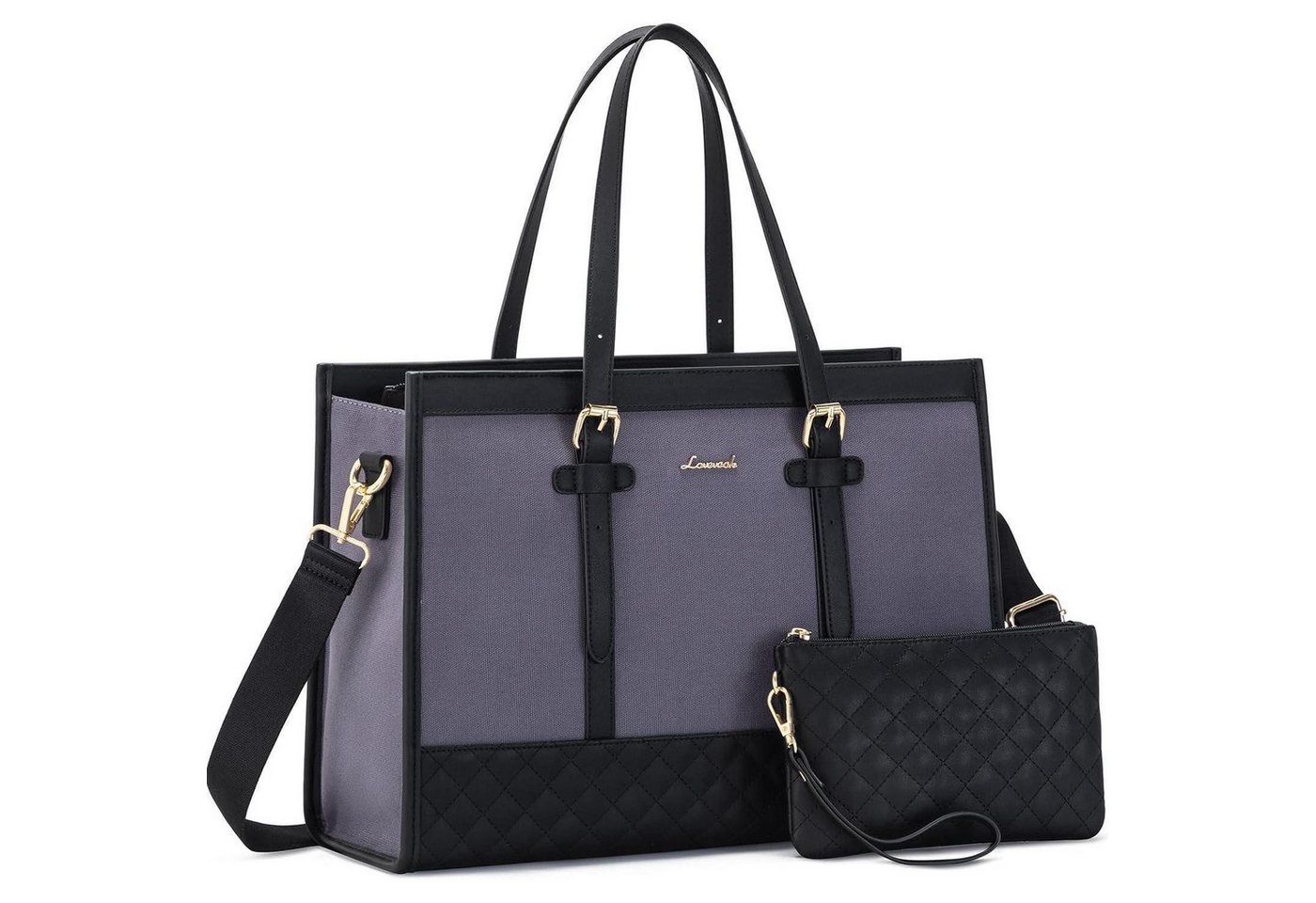 LuxusKollektion Laptoptasche Handtasche Laptoptasche 15 Zoll Damen Leder Schwarz-grau 15,6 Zoll von LuxusKollektion