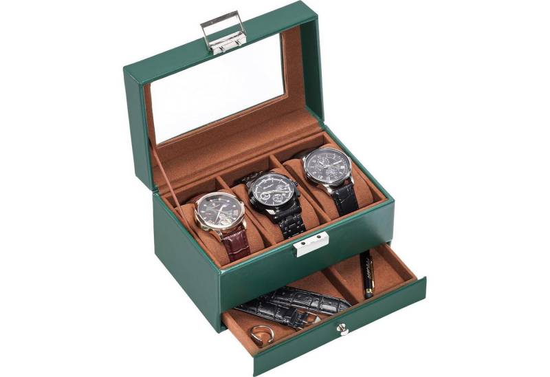 LuxusKollektion Manschettenknöpfe und Krawattennadel Set Uhrenbox Uhrenkissen Glasdeckel 3 Fächer grün Vatertag 3-Slot Grün von LuxusKollektion