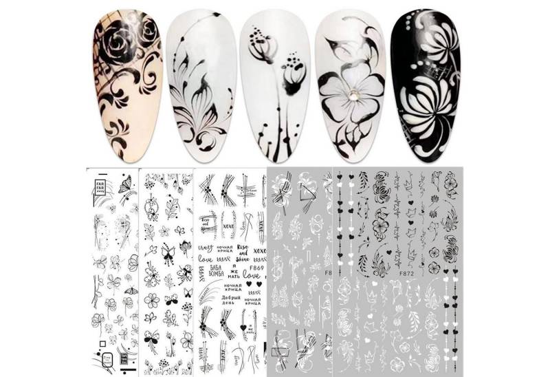 LuxusKollektion Nageldesign Zubehör Nagelsticker 10 Blatt selbstklebend Blumenmotive schwarz weiß Nägel von LuxusKollektion