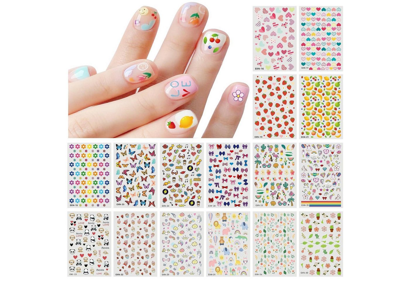 LuxusKollektion Nageldesign Zubehör Nagelsticker 18 Blatt selbstklebend Herz Blumen Regenbogen für Kinder von LuxusKollektion