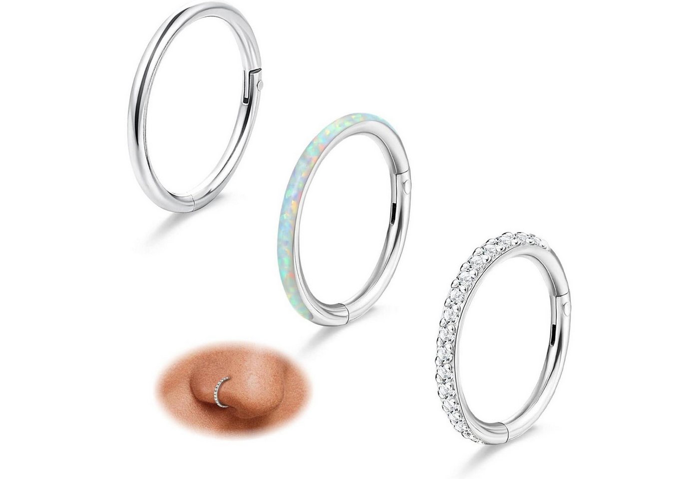 Diamday Nasenpiercing 3er Set Titan Nasenringe 18g 16g CZ Opal Septum Lippe Ohr Piercing von Diamday