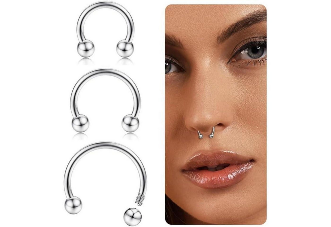 Diamday Nasenpiercing G23 Titanium Hufeisen Septum Piercing Set 16G 8-12mm 3er-Pack von Diamday