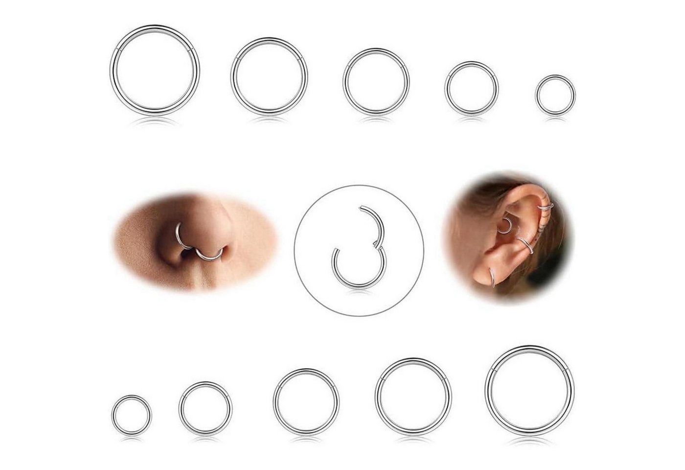 Diamday Nasenpiercing-Set 10 Stück 316L Stahl Nasenringe 6-12mm Hoops Piercing Set von Diamday