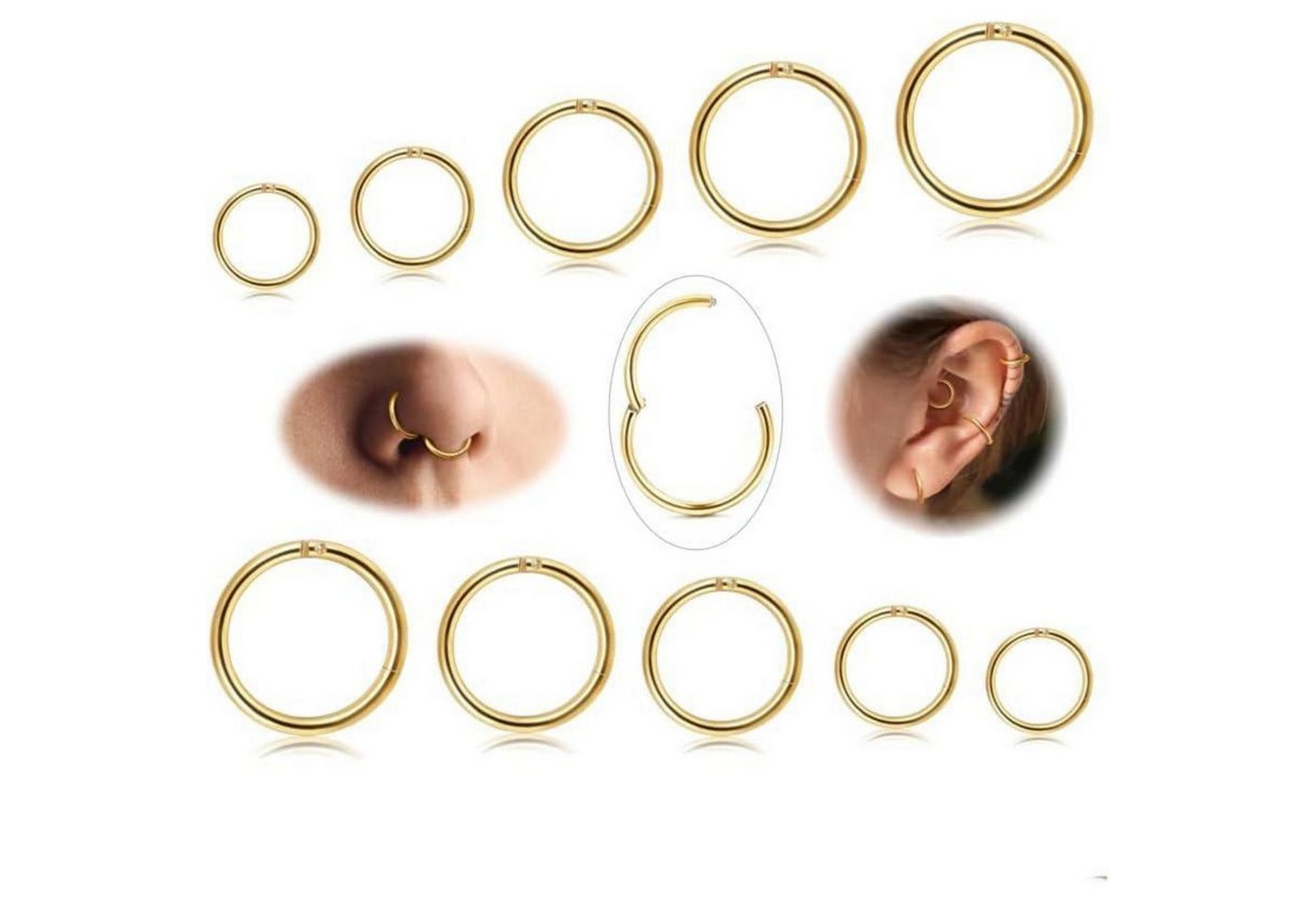 Diamday Nasenpiercing-Set 10 Stück 316L Stahl Nasenringe Septum Piercing 6-12mm Hoops Helix von Diamday