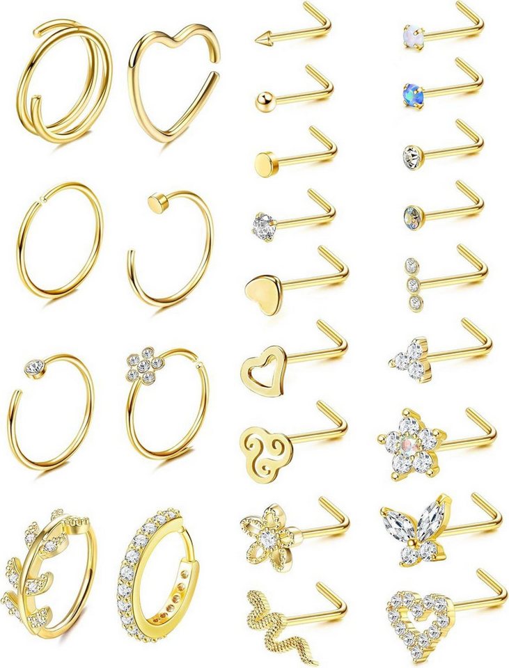 Adramata Nasenpiercing-Set 26-teiliges 20G Nasenpiercing Set Chirurgenstahl Gold Silber Brillant von Adramata