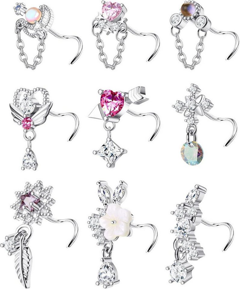 Kakonia Nasenpiercing-Set 9er Set 20G Dangling Nasenpiercing Schmuck Edelstahl CZ Herz Feder von Kakonia
