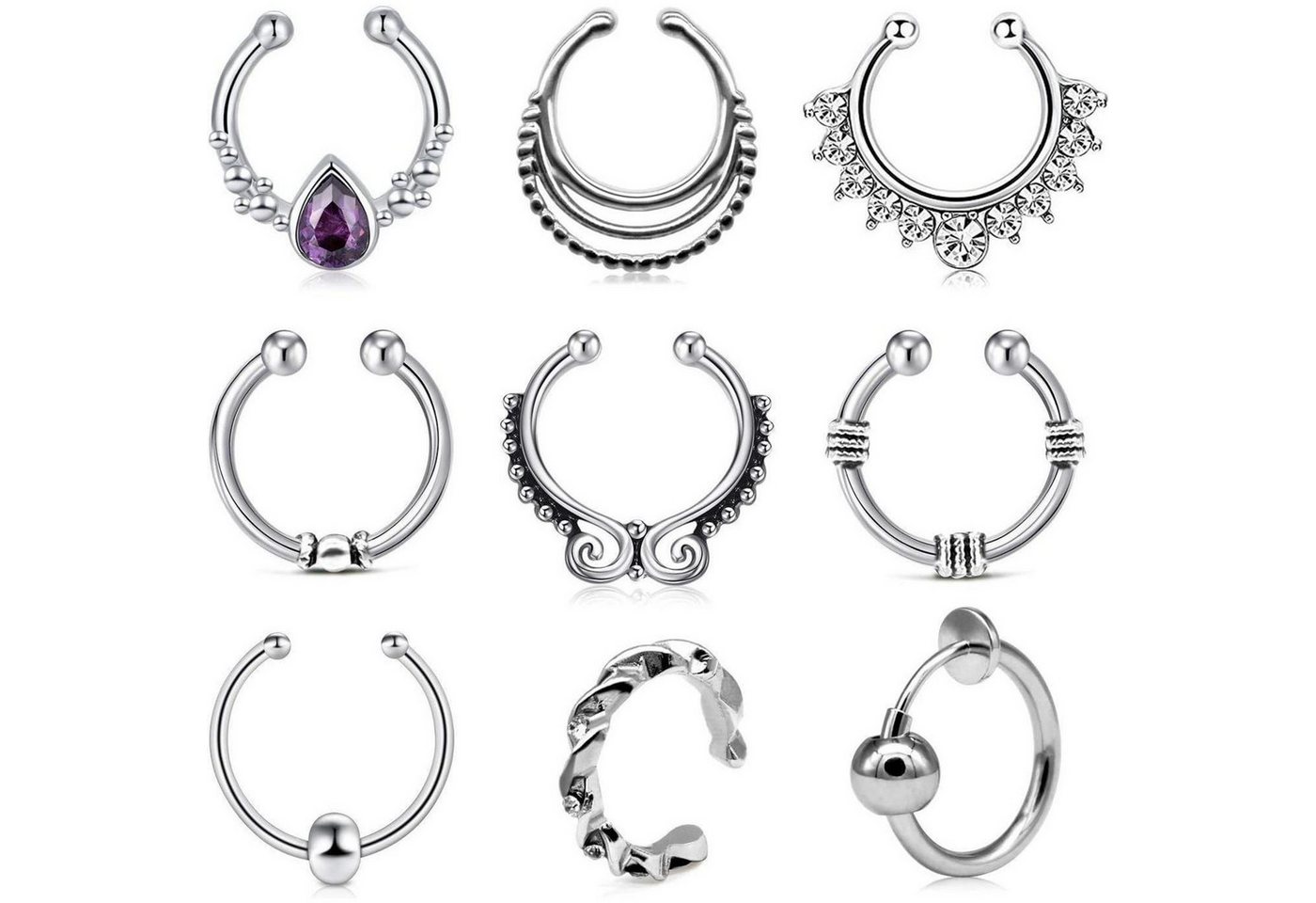 LuxusKollektion Nasenpiercing-Set Nasenpiercing Fake Septum Hoop Edelstahl 20G 16G Set Clips 9stk von LuxusKollektion