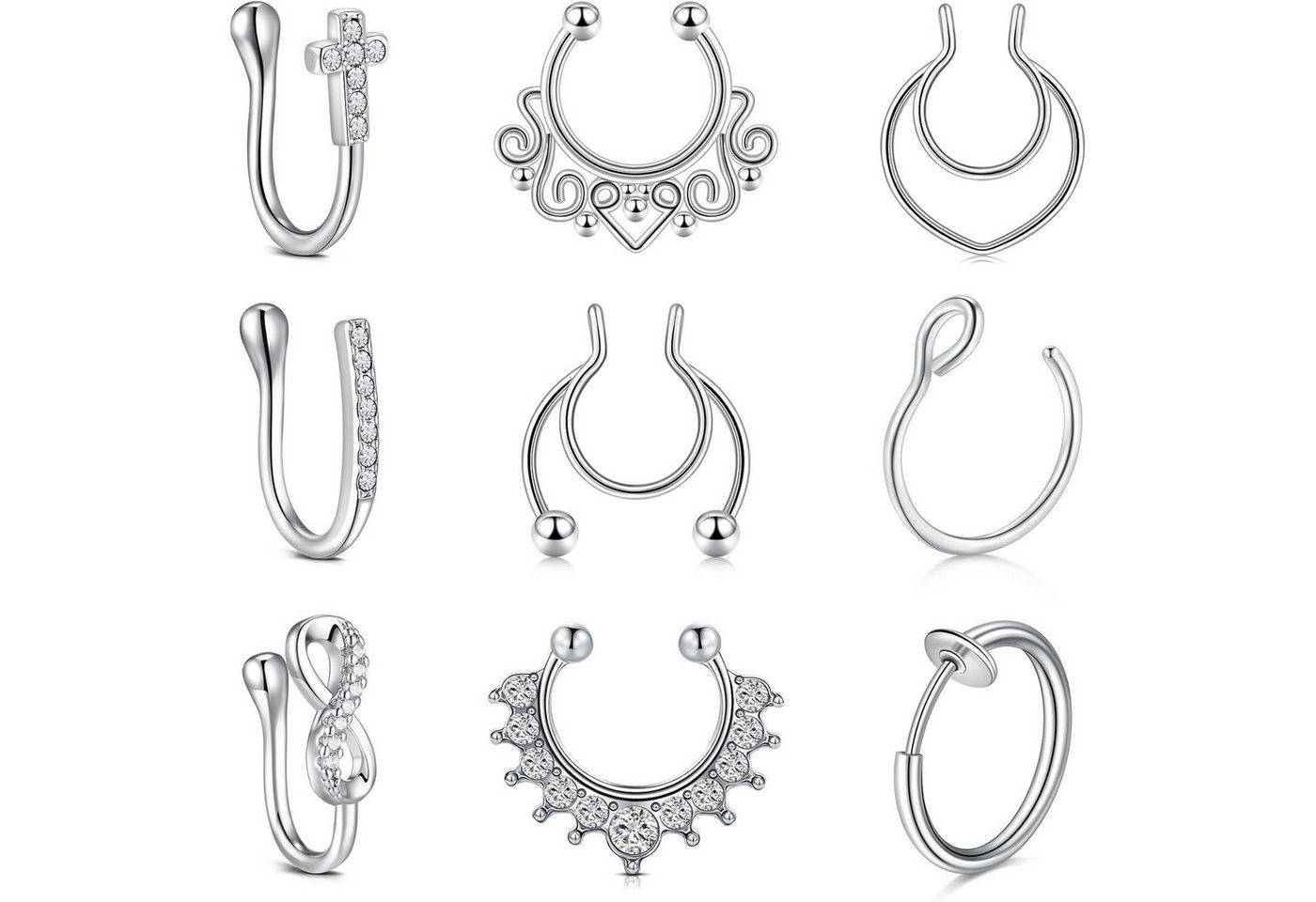LuxusKollektion Nasenpiercing-Set Nasenpiercing Septum Fake Clip Hoop Nasenring Damen 9 Stk Silber von LuxusKollektion