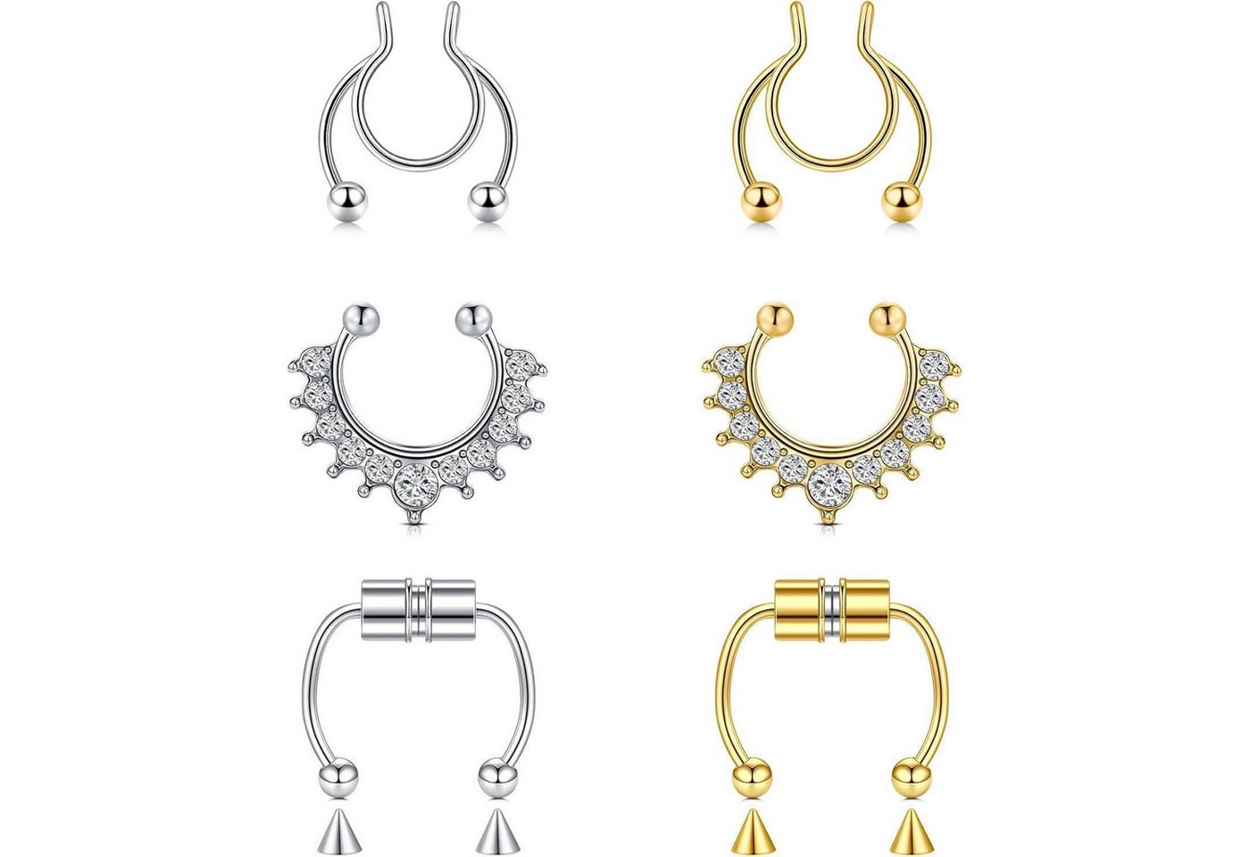 LuxusKollektion Nasenpiercing-Set Nasenring Fake Septum Hoop Set 20G 16G Edelstahl 6pcs Silber gold von LuxusKollektion
