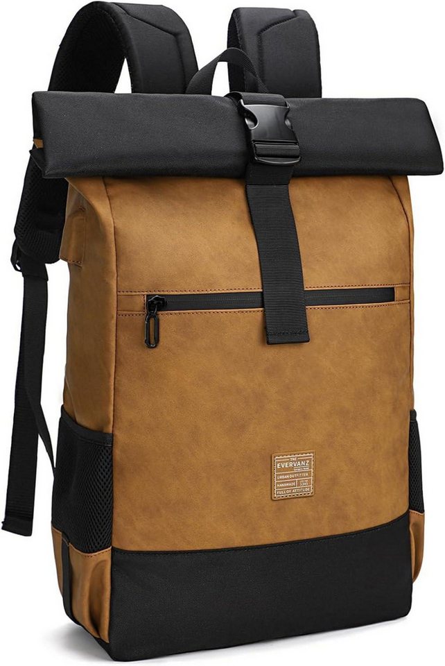 LuxusKollektion Notebookrucksack Rolltop Laptop Rucksack aus Leder Polyester USB Ladeanschluss von LuxusKollektion
