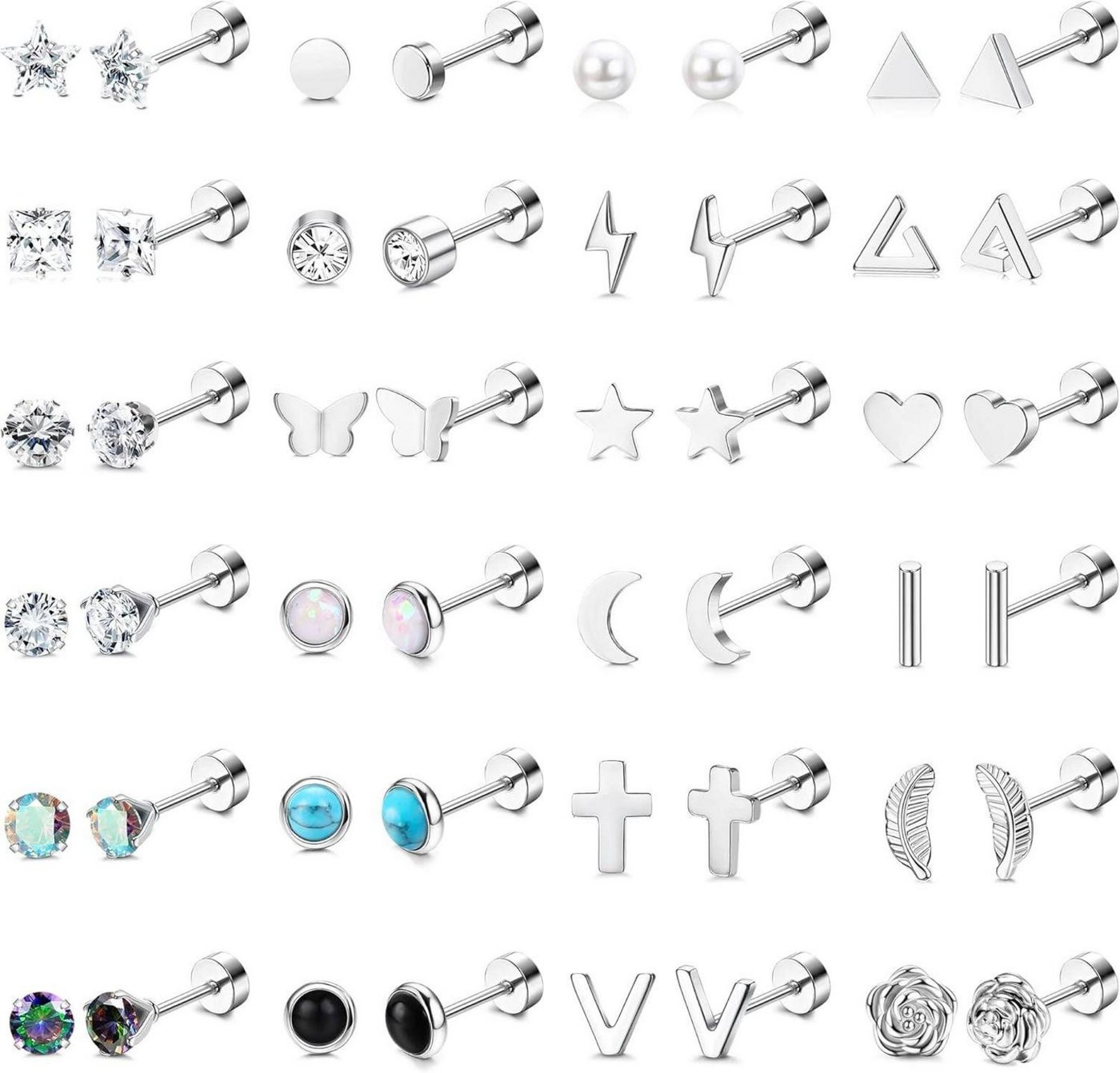 LuxusKollektion Ohrring und Ketten Set 24Pairs Kleine Ohrstecker Damen Set Chirurgenstahl Zirkonia Piercing von LuxusKollektion