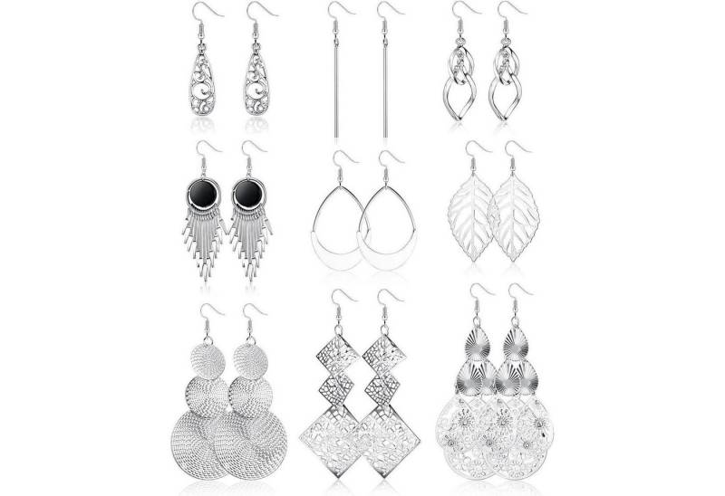 LuxusKollektion Ohrring und Ketten Set 9 Paare Hängende Ohrringe Edelstahl Damen Boho Twist Lang Silber/Gold von LuxusKollektion