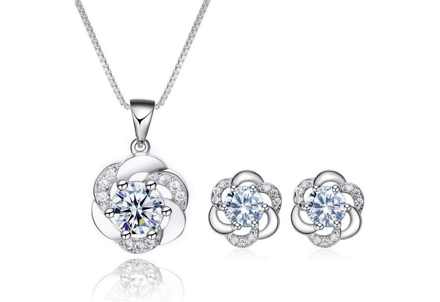 LuxusKollektion Ohrring und Ketten Set Schmuckset Halskette Ohrstecker Blumen Zirkonia 925 Damen Silber von LuxusKollektion