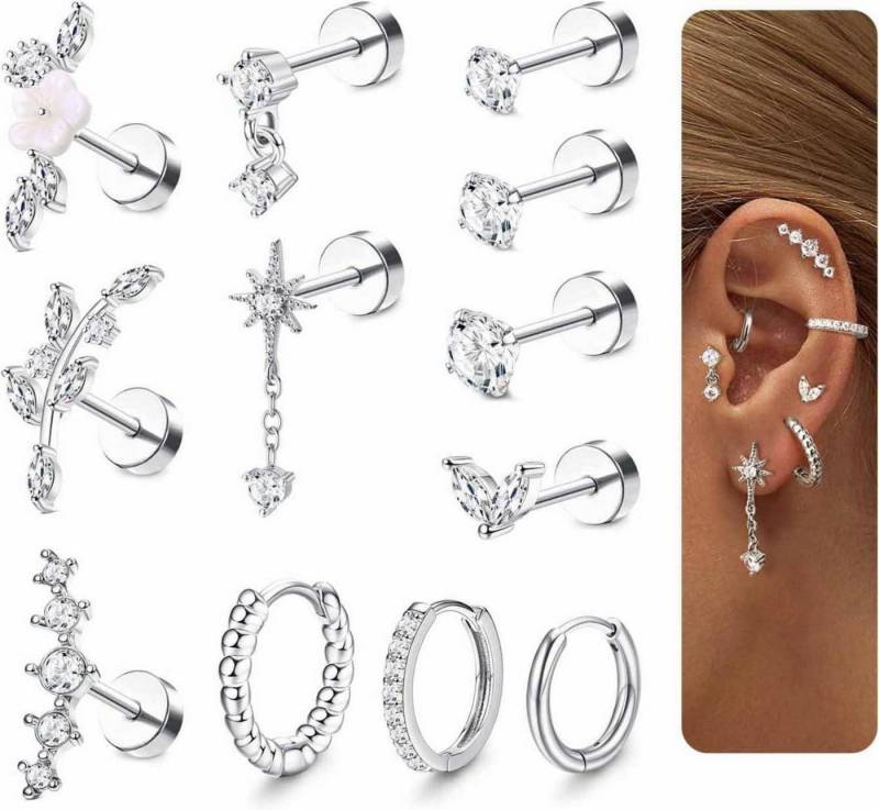 Adramata Piercing-Set 12Pcs Helix Piercings Set Chirurgenstahl Ohrringe CZ Ohrstecker Tragus von Adramata