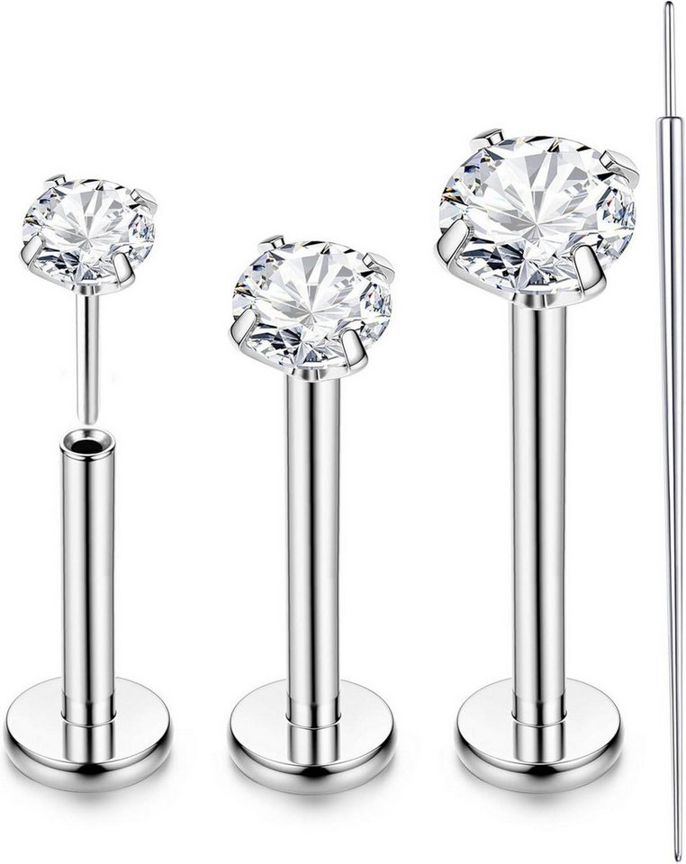 LuxusKollektion Piercing-Set 3er Set Titan Labret Nasen Tragus Piercing 16G/18G/20G CZ Schmuck von LuxusKollektion