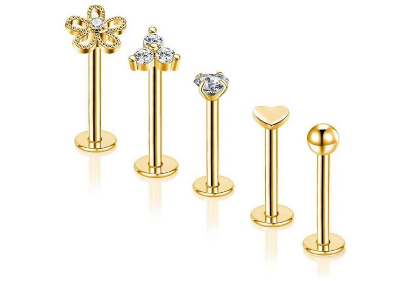Gojewen Piercing-Set 5stk Lippenpiercing Labret Stecker 10mm Silber Gold 16G Edelstahl von Gojewen