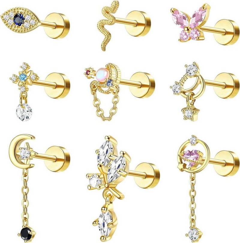Kakonia Piercing-Set 9er Set Schmetterling Tragus Helix Piercings Gold Silber Roségold von Kakonia