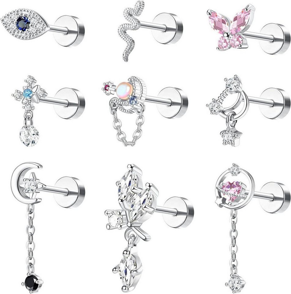Kakonia Piercing-Set Edelstahl Piercing Set 9 Stück 16G Tragus Helix Ohrstecker Gold Silber von Kakonia