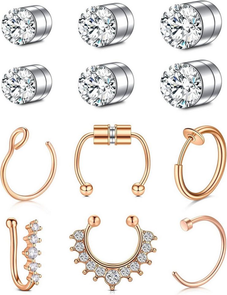 Mayhoop Piercing-Set Fake Nasenpiercing Set CZ Einlage 20G 16G Ohrclips Silber Rosegold von Mayhoop