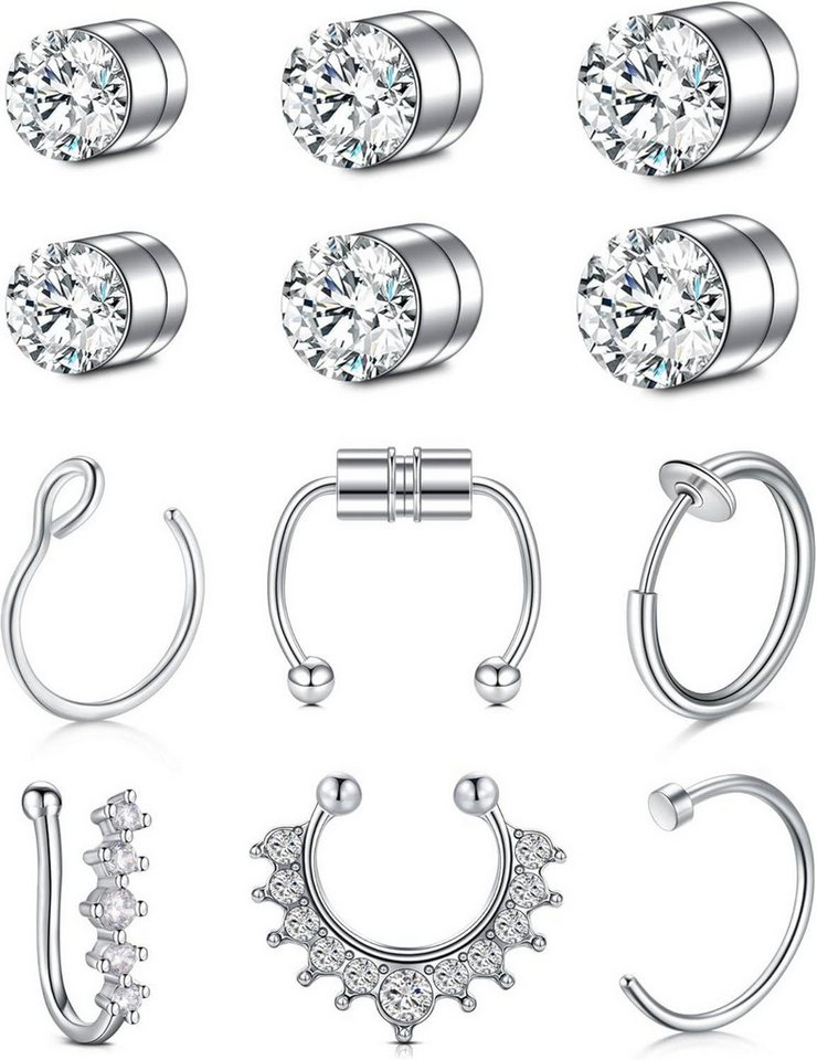 Mayhoop Piercing-Set Fake Piercings Set - Nasenringe Ohrclips Helix Lippenpiercing Silber von Mayhoop