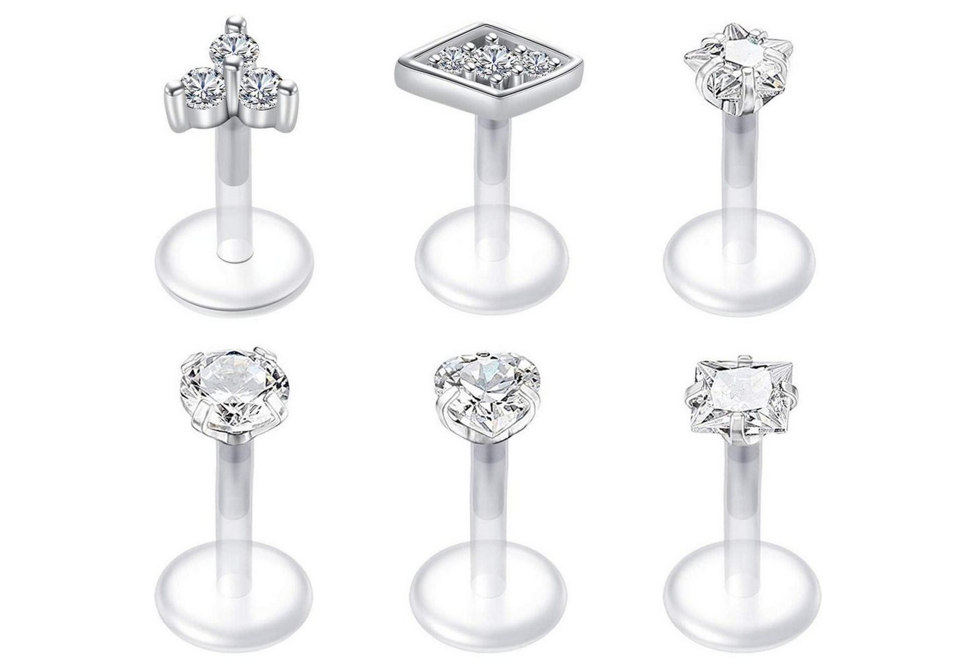 LuxusKollektion Piercing-Set Lippenpiercing Bioflex Labret Stecker 16G Tragus Helix 6mm 6stk Cz von LuxusKollektion