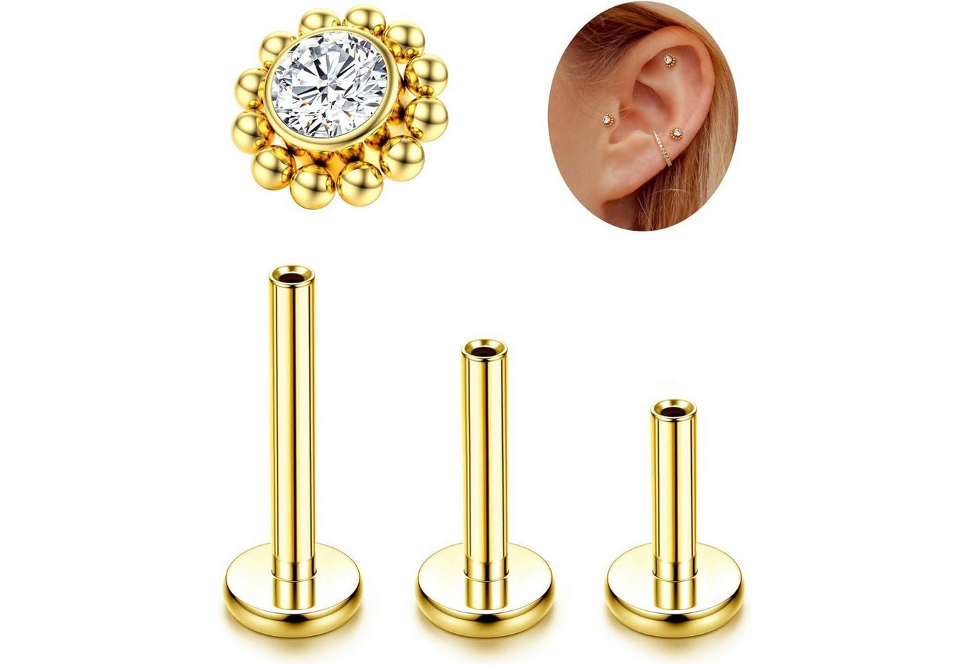 LuxusKollektion Piercing-Set Ohrstecker G23 Titan Innengewinde Helix Tragus Labret Gold-Blume von LuxusKollektion