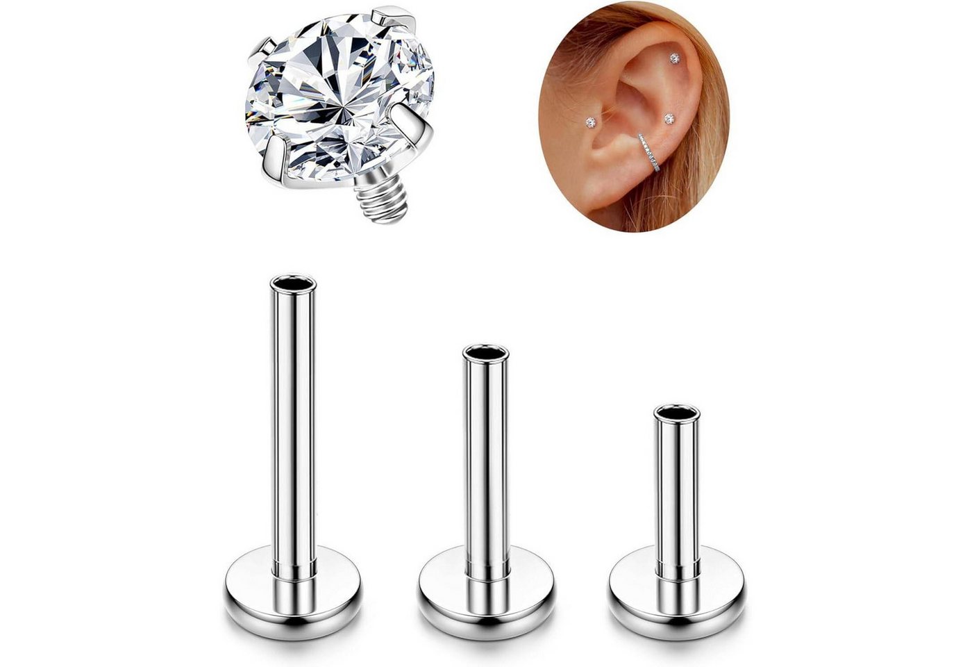 LuxusKollektion Piercing-Set Ohrstecker Titan G23 Innengewinde Helix Tragus Conch Gold Silber-CZ von LuxusKollektion