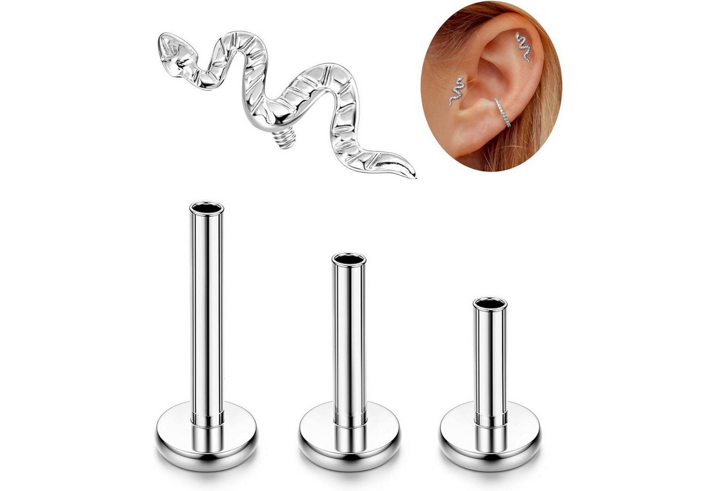 LuxusKollektion Piercing-Set Ohrstecker Titan G23 Innengewinde Helix Tragus Conch Silber-Schlange von LuxusKollektion
