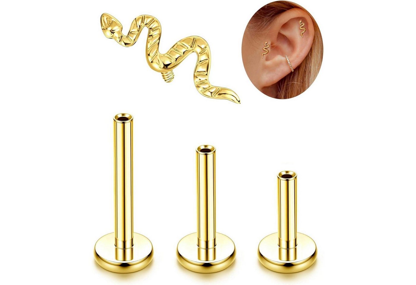 LuxusKollektion Piercing-Set Ohrstecker Titan G23 Innengewinde Helix Tragus Labret Gold-Schlange von LuxusKollektion