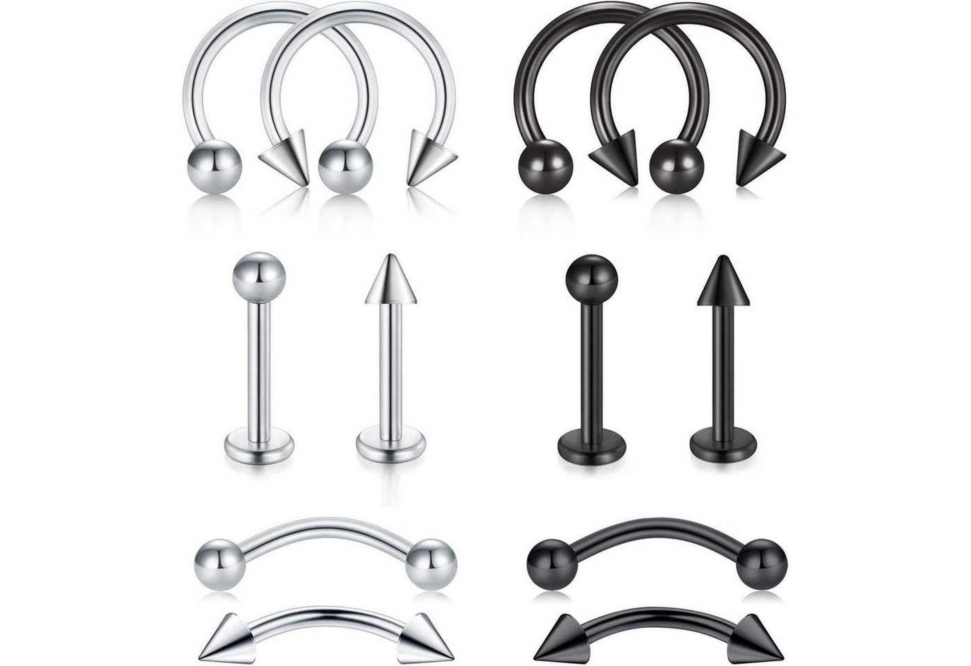 LuxusKollektion Piercing-Set Piercing 12Stk 16G Chirurgenstahl Tragus Helix Nase Silber+schwarz von LuxusKollektion