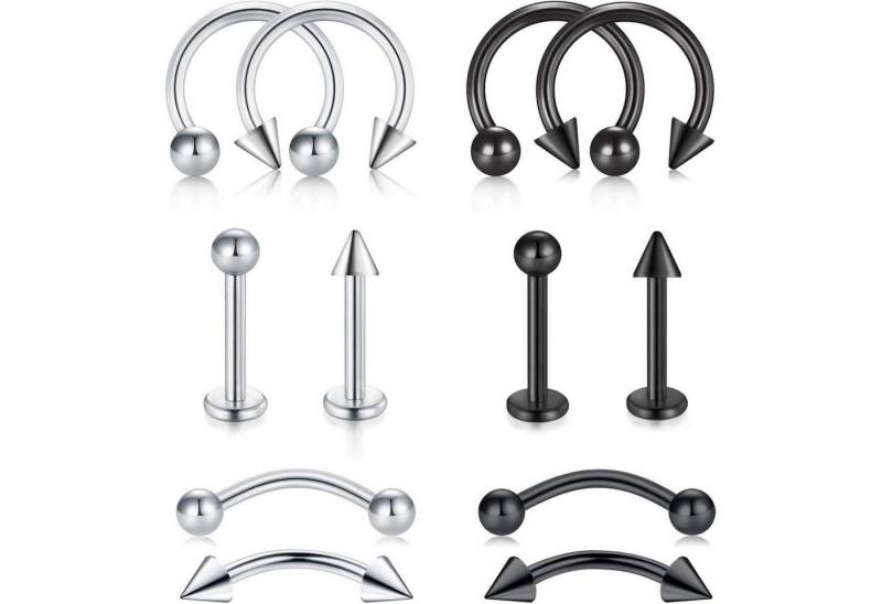 LuxusKollektion Piercing-Set Piercing 12Stk 16G Chirurgenstahl Tragus Helix Nase Silber+schwarz von LuxusKollektion
