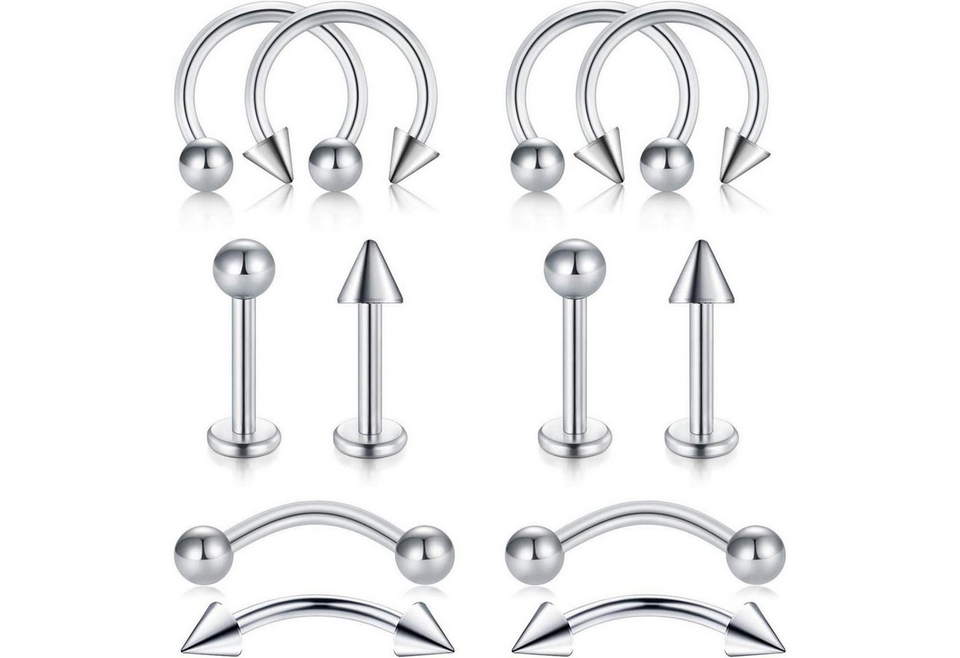 LuxusKollektion Piercing-Set Piercing 12stk 16G Chirurgenstahl Tragus Helix Nase Lippe Silber von LuxusKollektion