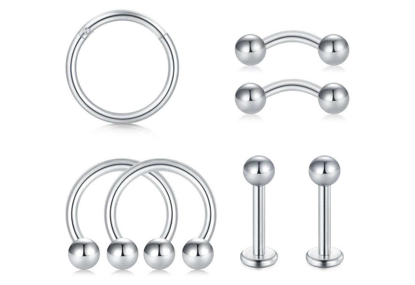 LuxusKollektion Piercing-Set Piercing 12stk 16G Tragus Helix Nase Lippe 7stk Silber Kugel von LuxusKollektion