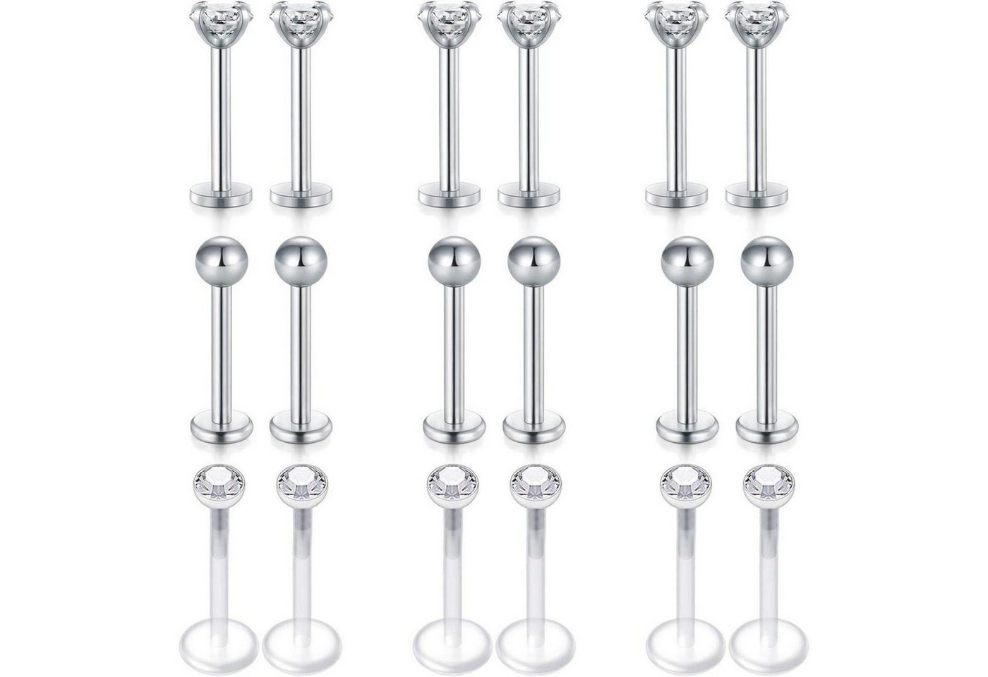 LuxusKollektion Piercing-Set Piercing 16G 6mm 8mm Tragus Helix Labret Edelstahl 18stk-10mm-silber von LuxusKollektion