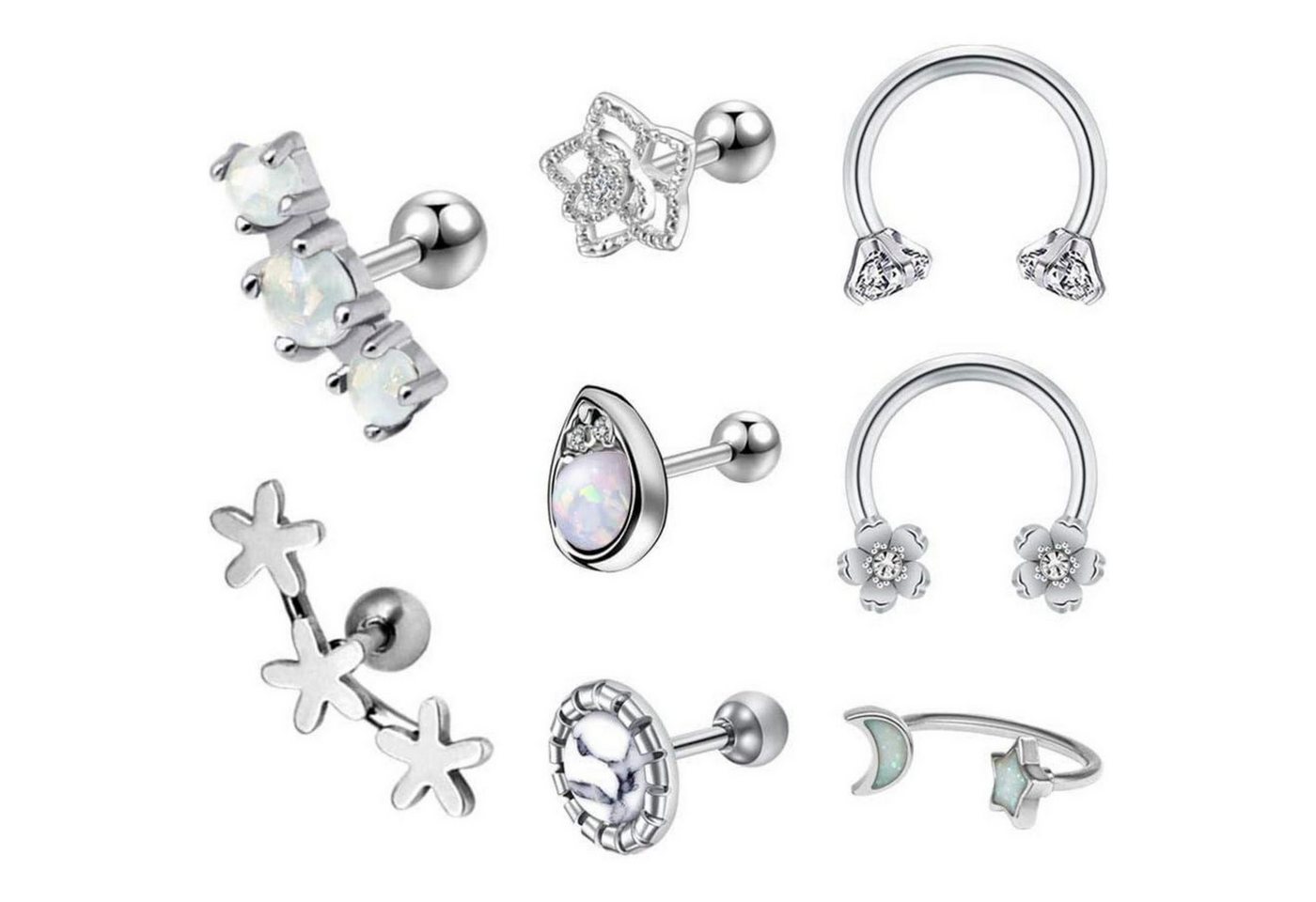 LuxusKollektion Piercing-Set Piercing 16G Tragus Helix Chirurgenstahl CZ Opal 8Stk-Silber von LuxusKollektion