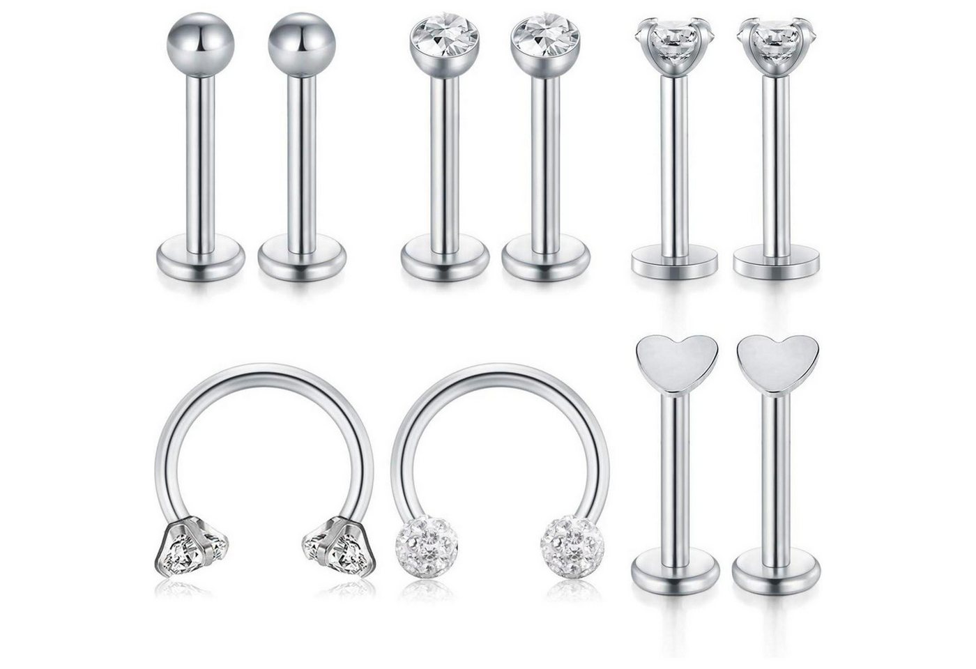 LuxusKollektion Piercing-Set Piercing 16G Tragus Helix Knorpel Chirurgenstahl CZ 10 Stück Silber von LuxusKollektion