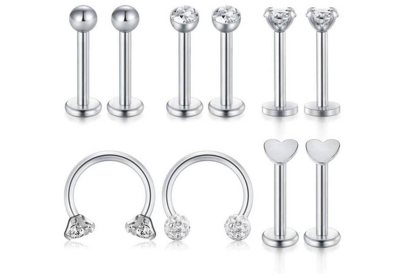 LuxusKollektion Piercing-Set Piercing 16G Tragus Helix Knorpel Chirurgenstahl CZ 10 Stück Silber von LuxusKollektion