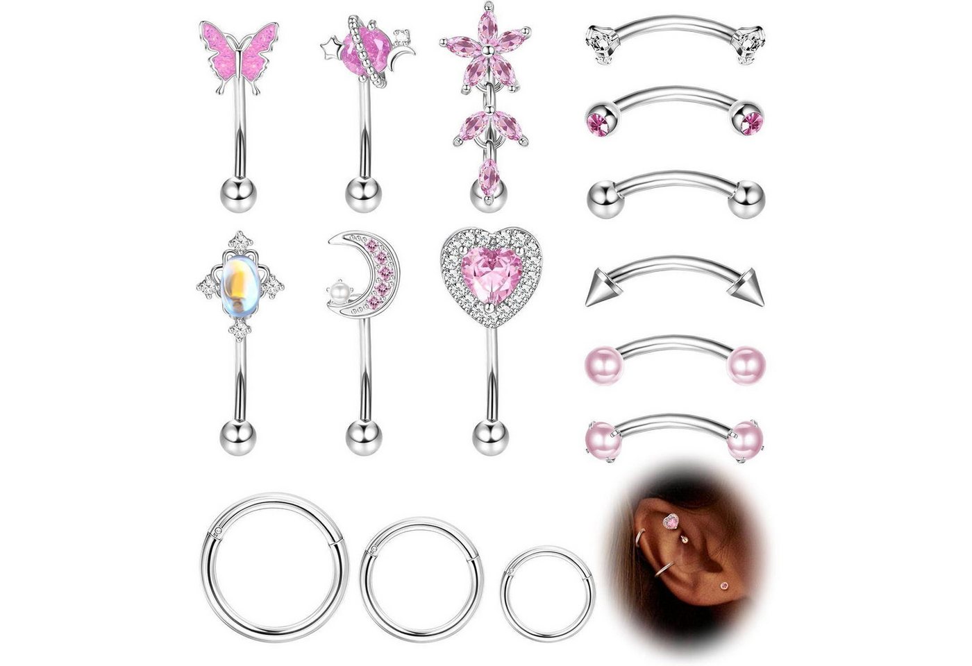 LuxusKollektion Piercing-Set Piercing 16g Chirurgenstahl Zirkonia Rook Helix Daith Pink von LuxusKollektion