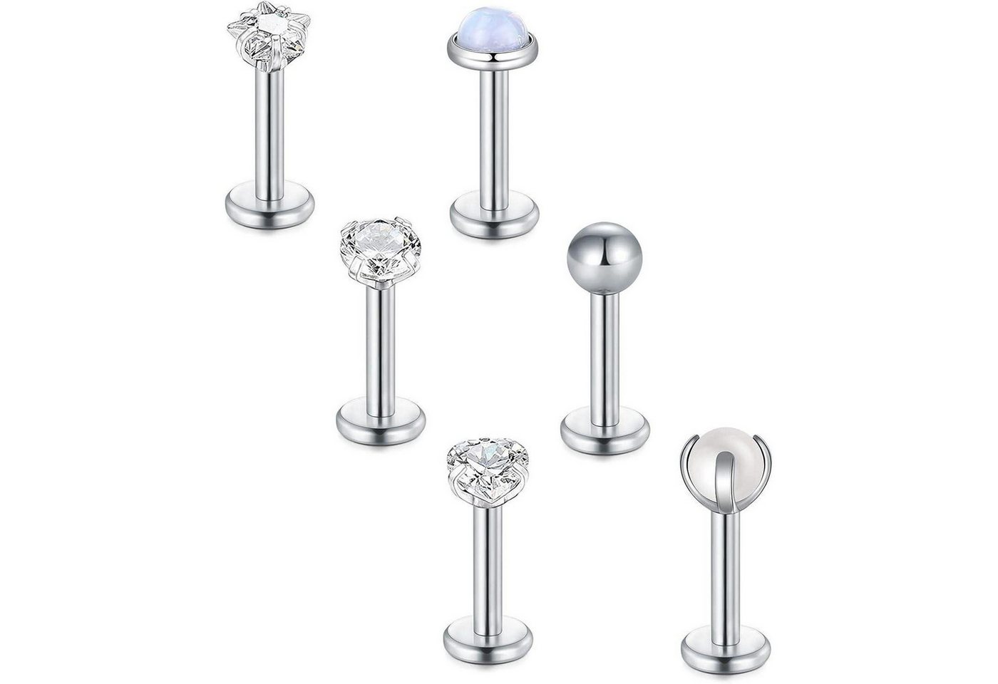 LuxusKollektion Piercing-Set Piercing Chirurgenstahl 16G Tragus Helix Labret 6er Zirkonia 6mm Opal von LuxusKollektion