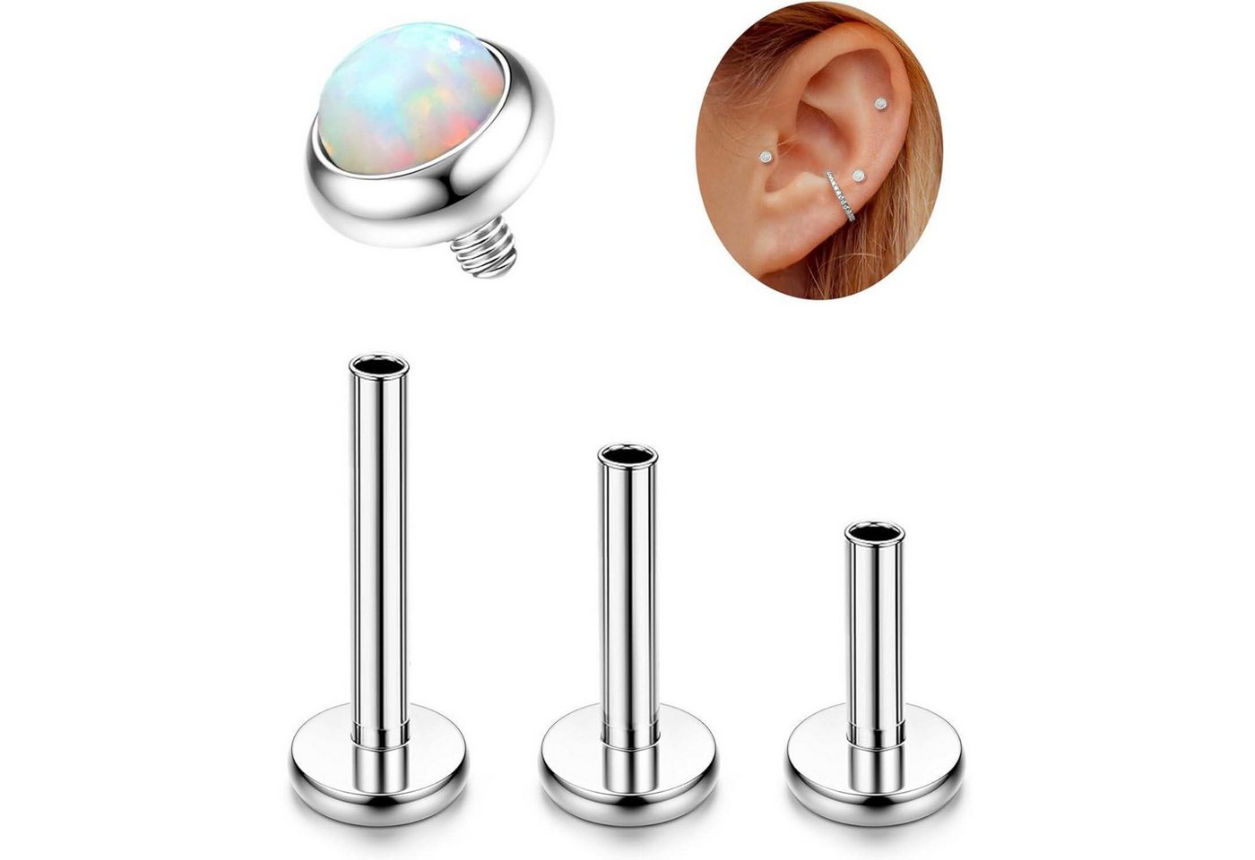 LuxusKollektion Piercing-Set Piercing G23 Titan Innengewinde Helix Labret Tragus Gold Silber-Opal von LuxusKollektion