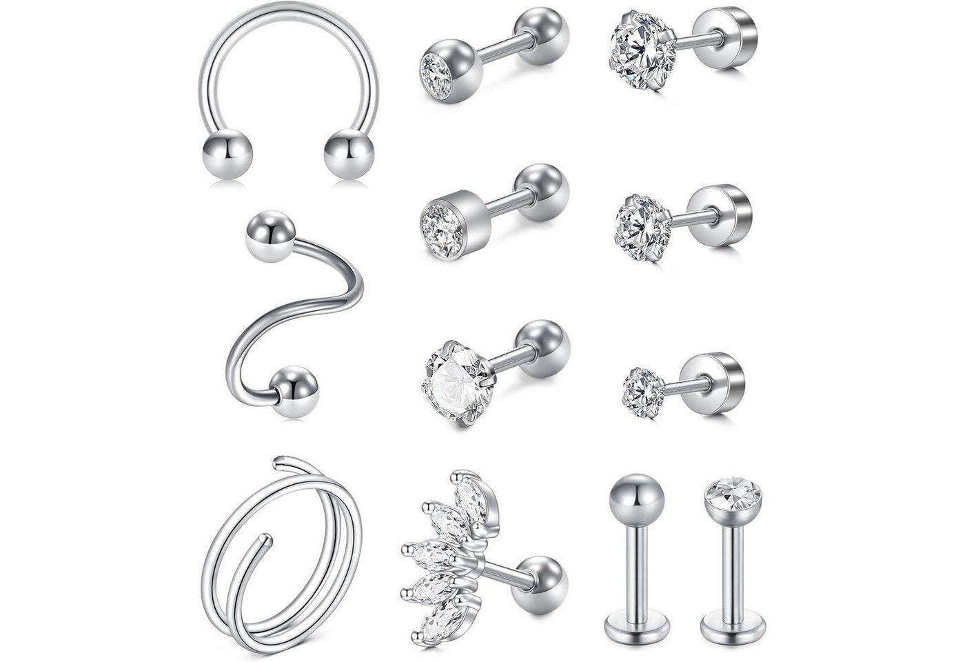 LuxusKollektion Piercing-Set Piercing Helix Chirurgenstahl 1.2mm Tragus Knorpel 12stk Silber Rund von LuxusKollektion