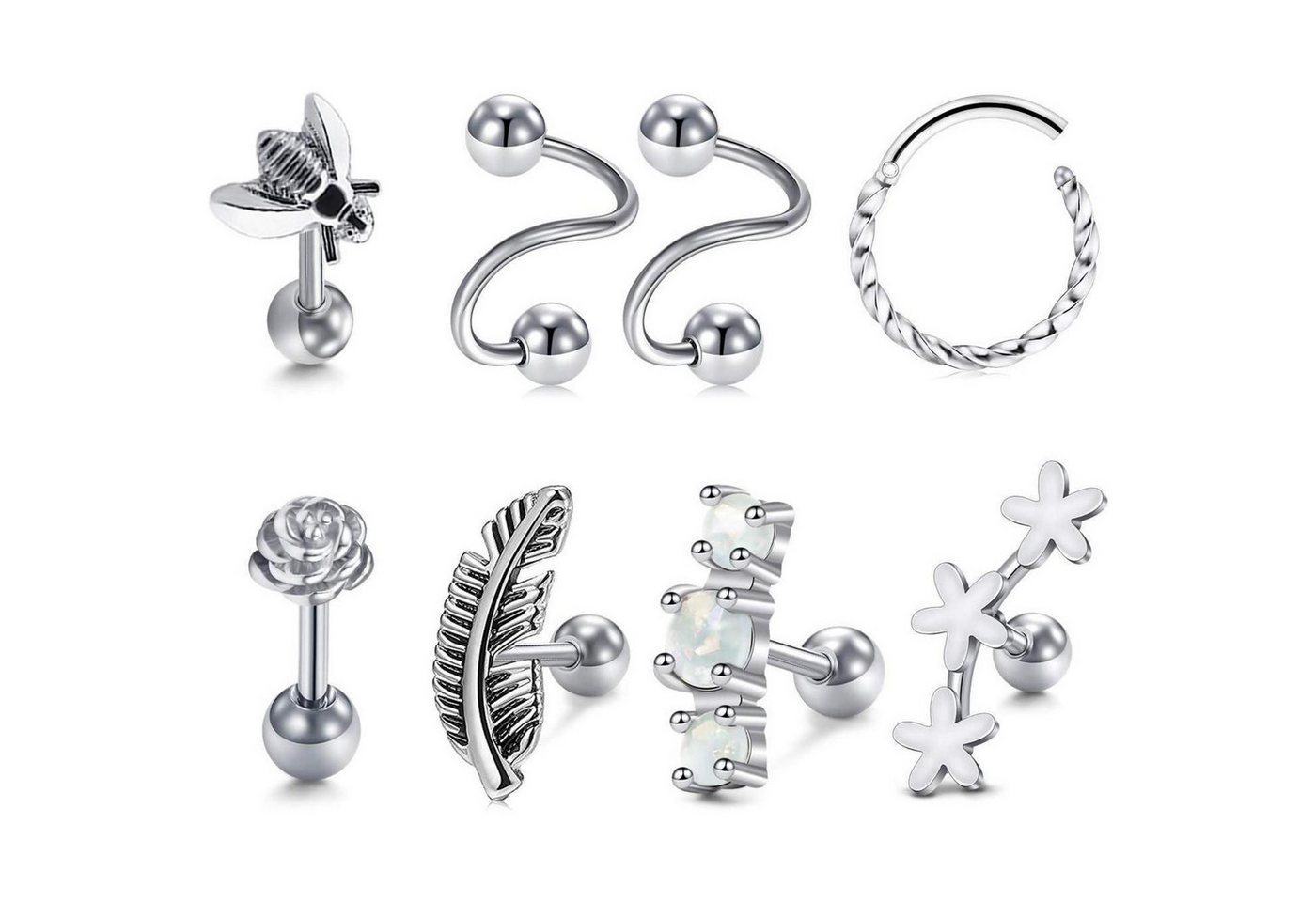 LuxusKollektion Piercing-Set Piercing Tragus Helix 16G Chirurgenstahl Opal CZ A07 8pcs silber von LuxusKollektion