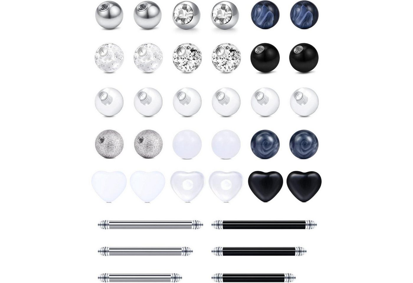 LuxusKollektion Piercing-Set Zungenpiercing 30Stk 5mm 14G Chirurgenstahl Acryl Kugeln Schwarz Herz von LuxusKollektion