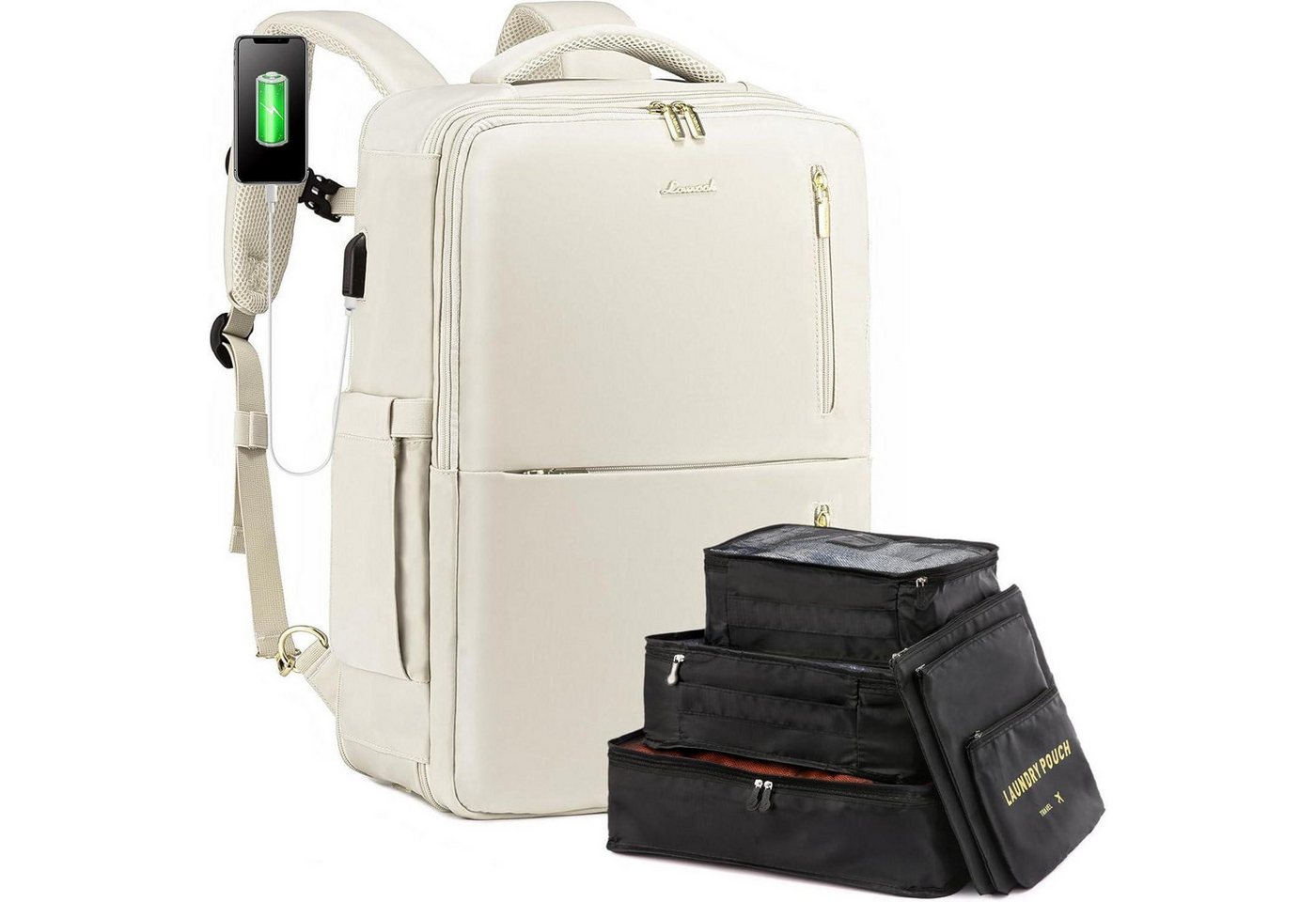 LuxusKollektion Reiserucksack Handgepäck Rucksack mit Schuhfach, erweiterbar, 30-40l, 18 Zoll, Beige von LuxusKollektion